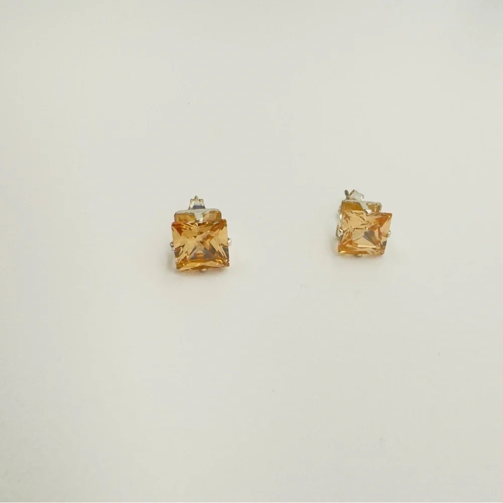 Brand New 7mm Peachy Yellow Square CZ 925 Sterling Silver Earrings